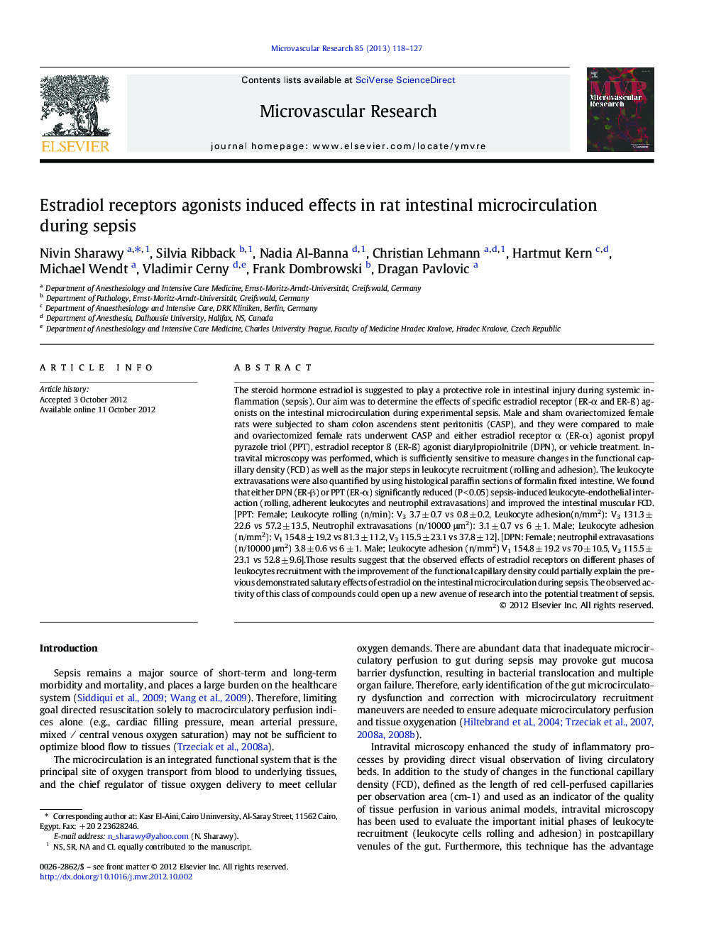 Estradiol receptors agonists induced effects in rat intestinal microcirculation during sepsis