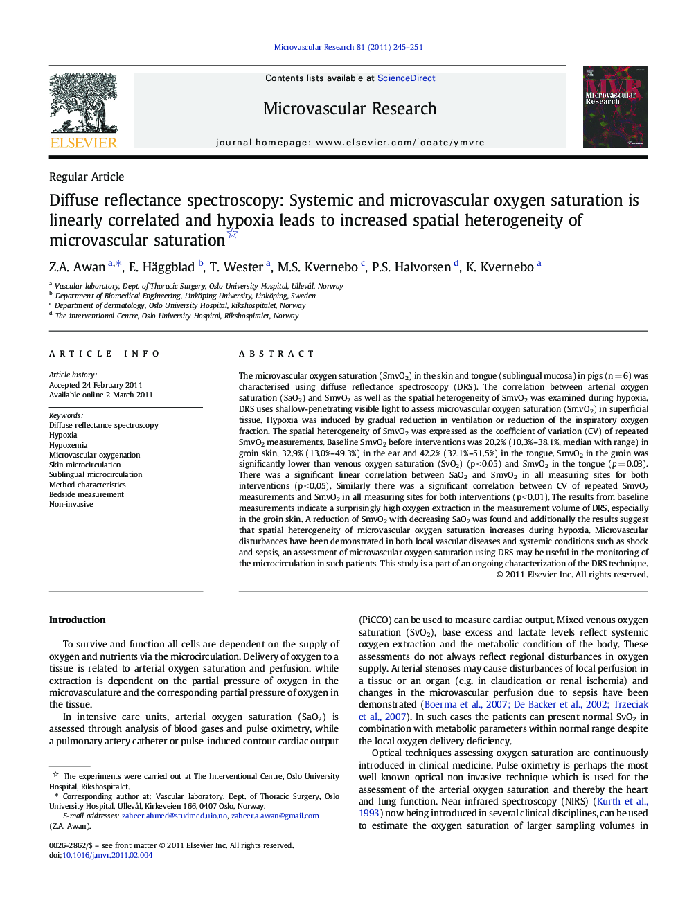 Diffuse reflectance spectroscopy: Systemic and microvascular oxygen saturation is linearly correlated and hypoxia leads to increased spatial heterogeneity of microvascular saturation 