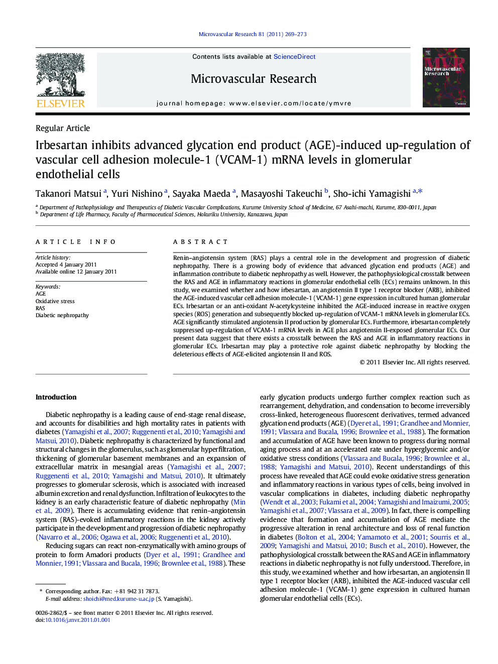 Irbesartan inhibits advanced glycation end product (AGE)-induced up-regulation of vascular cell adhesion molecule-1 (VCAM-1) mRNA levels in glomerular endothelial cells