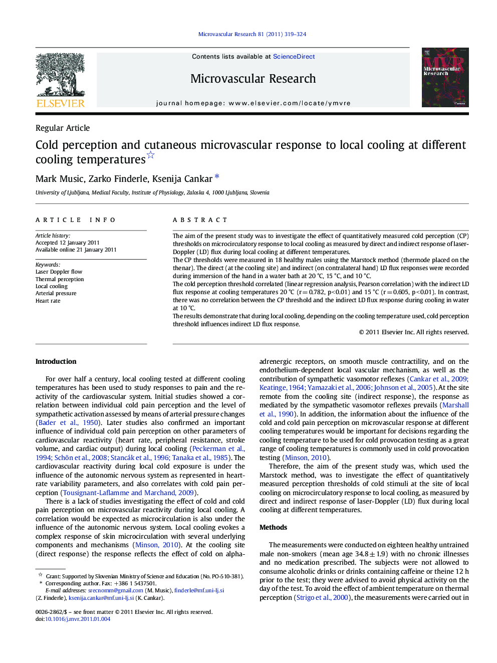 Cold perception and cutaneous microvascular response to local cooling at different cooling temperatures 