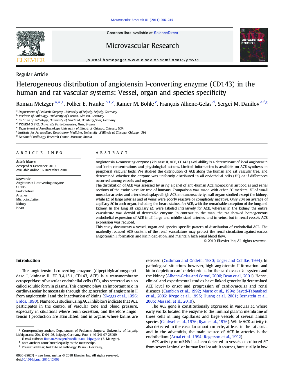 Heterogeneous distribution of angiotensin I-converting enzyme (CD143) in the human and rat vascular systems: Vessel, organ and species specificity