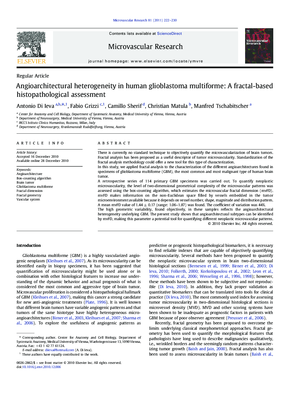 Angioarchitectural heterogeneity in human glioblastoma multiforme: A fractal-based histopathological assessment