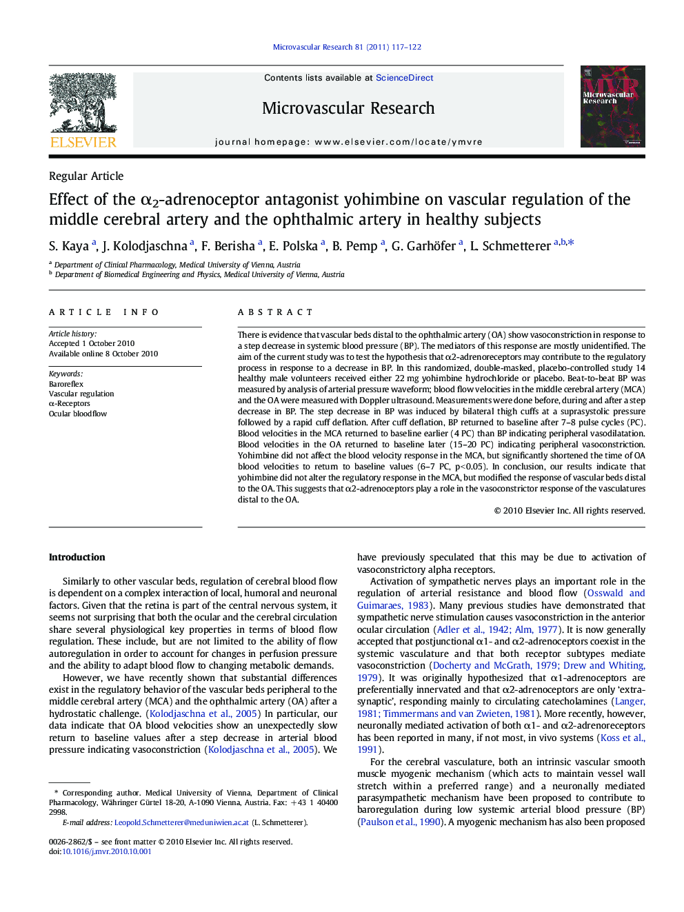 Effect of the α2-adrenoceptor antagonist yohimbine on vascular regulation of the middle cerebral artery and the ophthalmic artery in healthy subjects