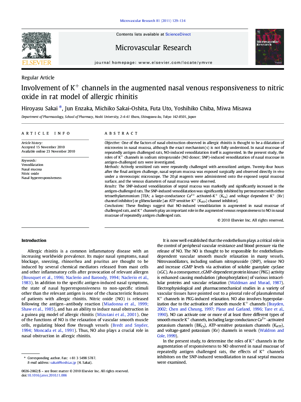 Involvement of K+ channels in the augmented nasal venous responsiveness to nitric oxide in rat model of allergic rhinitis