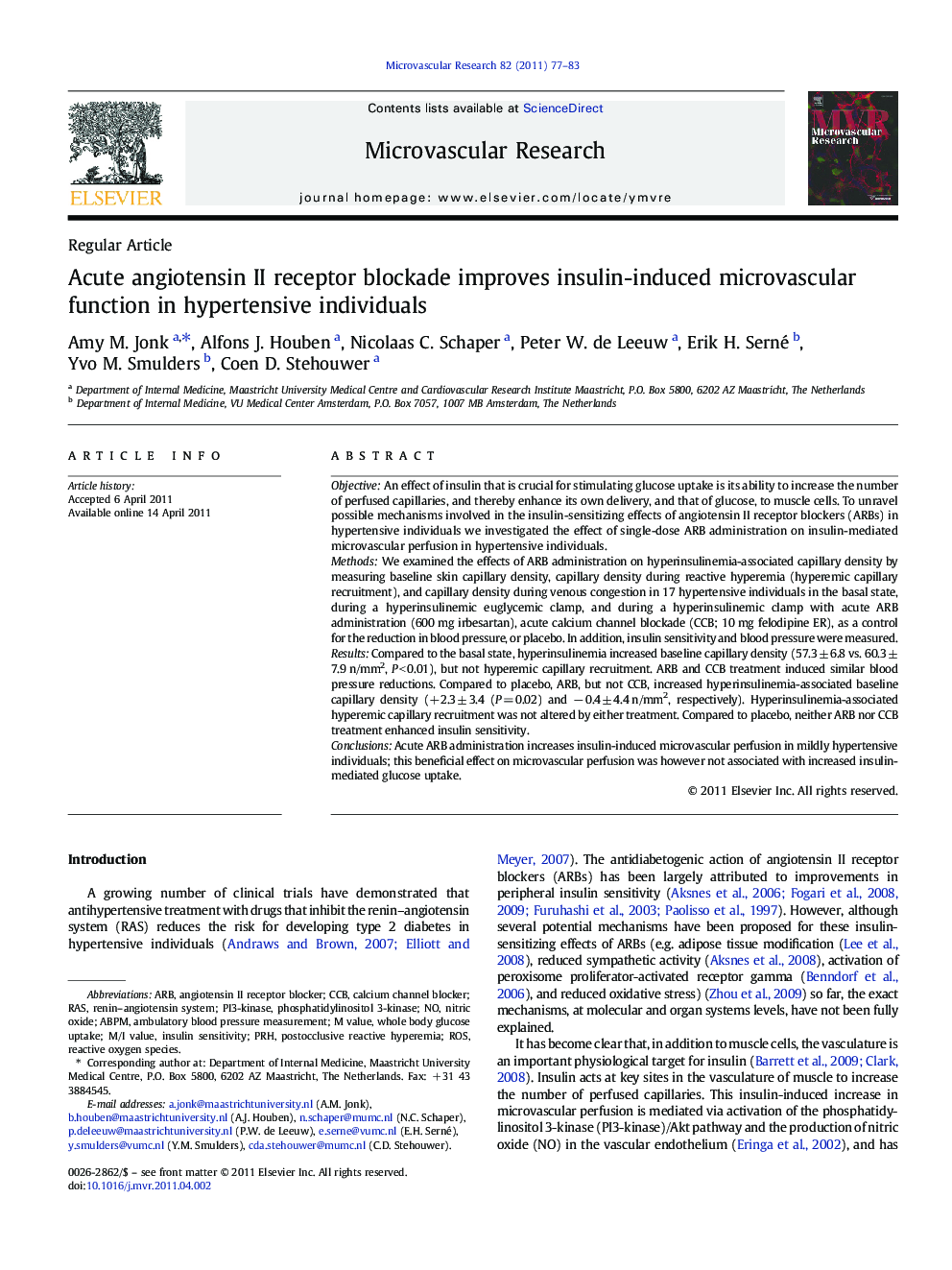 Acute angiotensin II receptor blockade improves insulin-induced microvascular function in hypertensive individuals