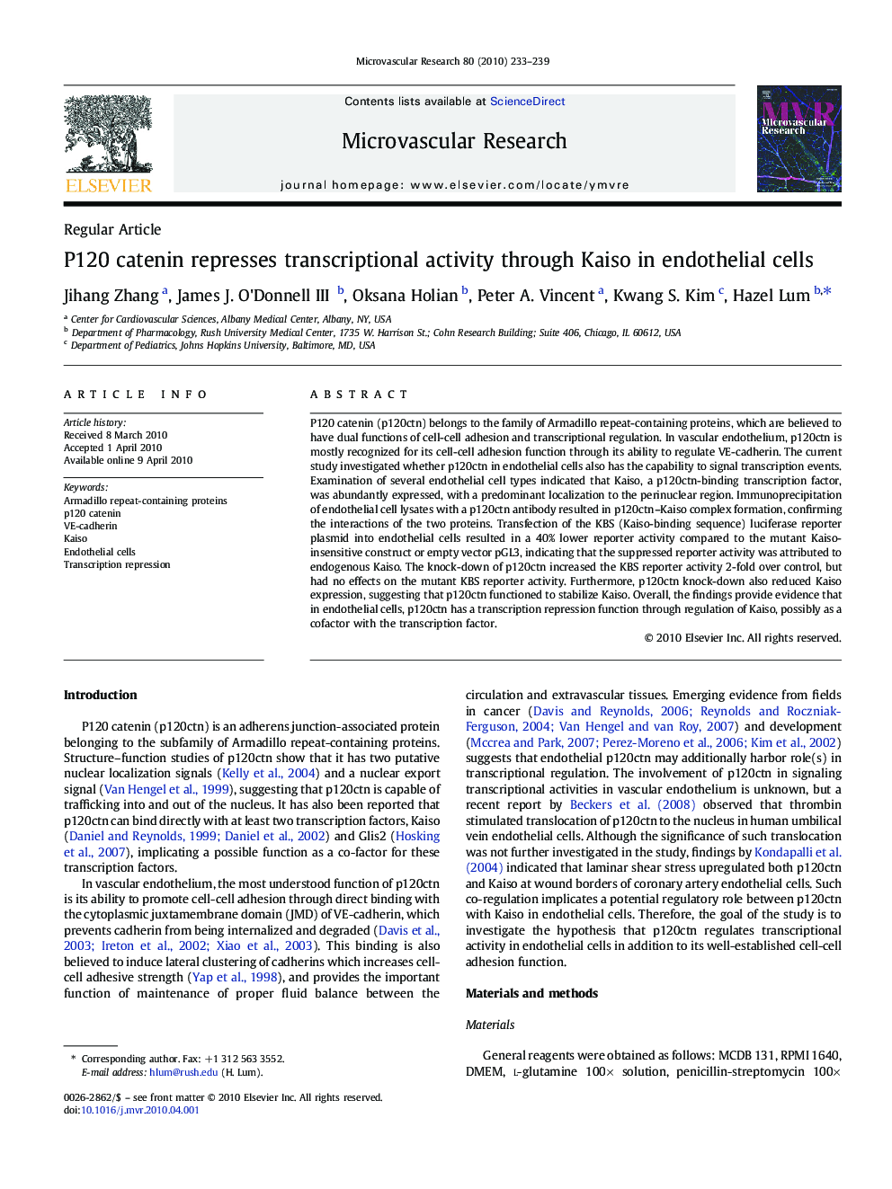 P120 catenin represses transcriptional activity through Kaiso in endothelial cells