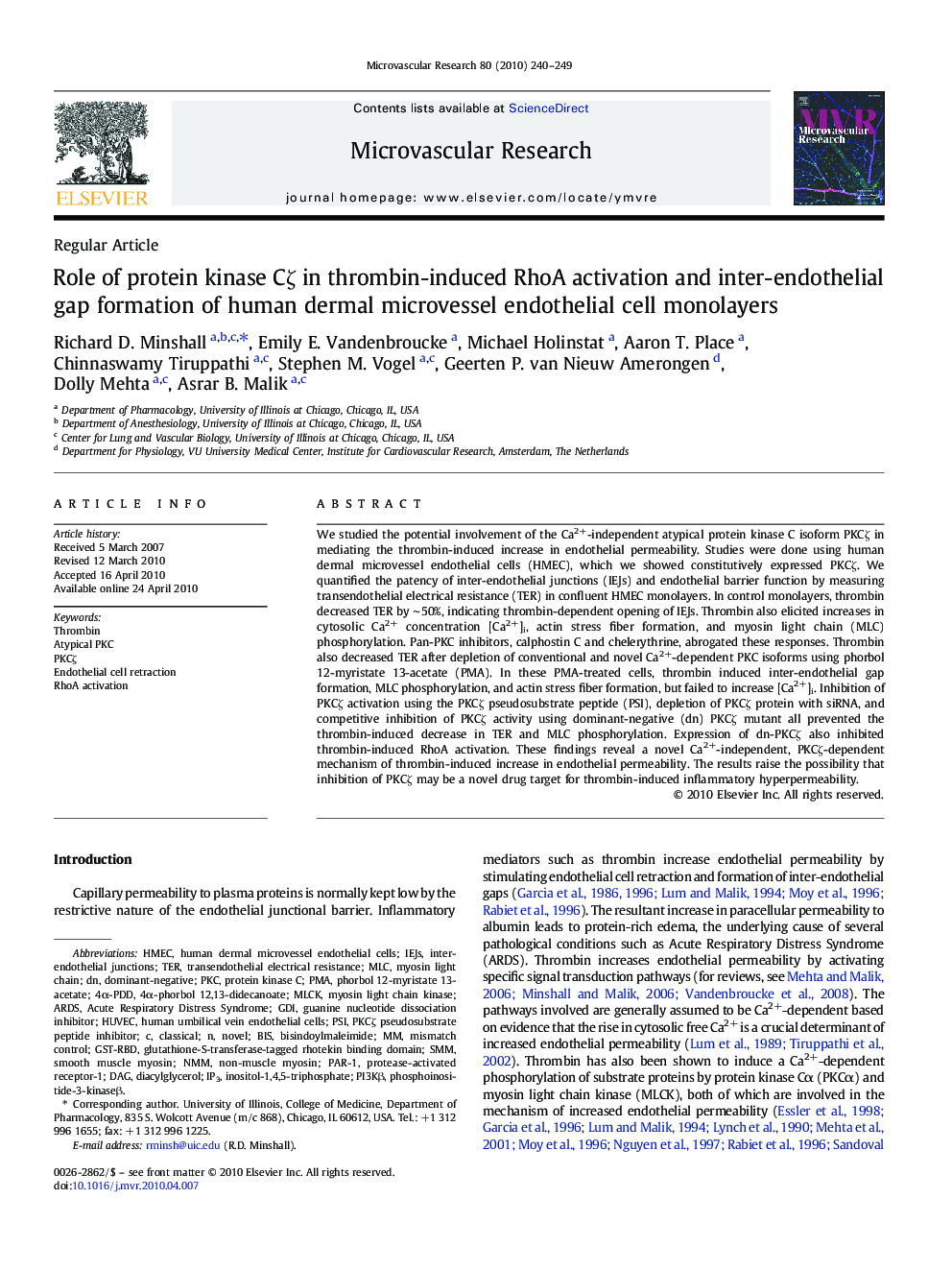 Role of protein kinase Cζ in thrombin-induced RhoA activation and inter-endothelial gap formation of human dermal microvessel endothelial cell monolayers