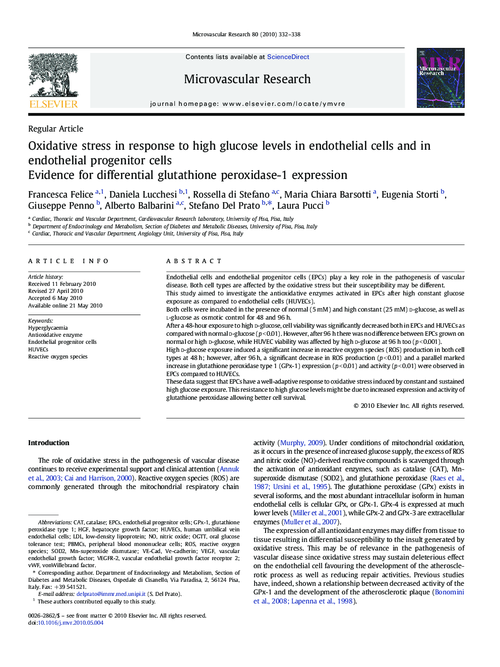 Oxidative stress in response to high glucose levels in endothelial cells and in endothelial progenitor cells: Evidence for differential glutathione peroxidase-1 expression