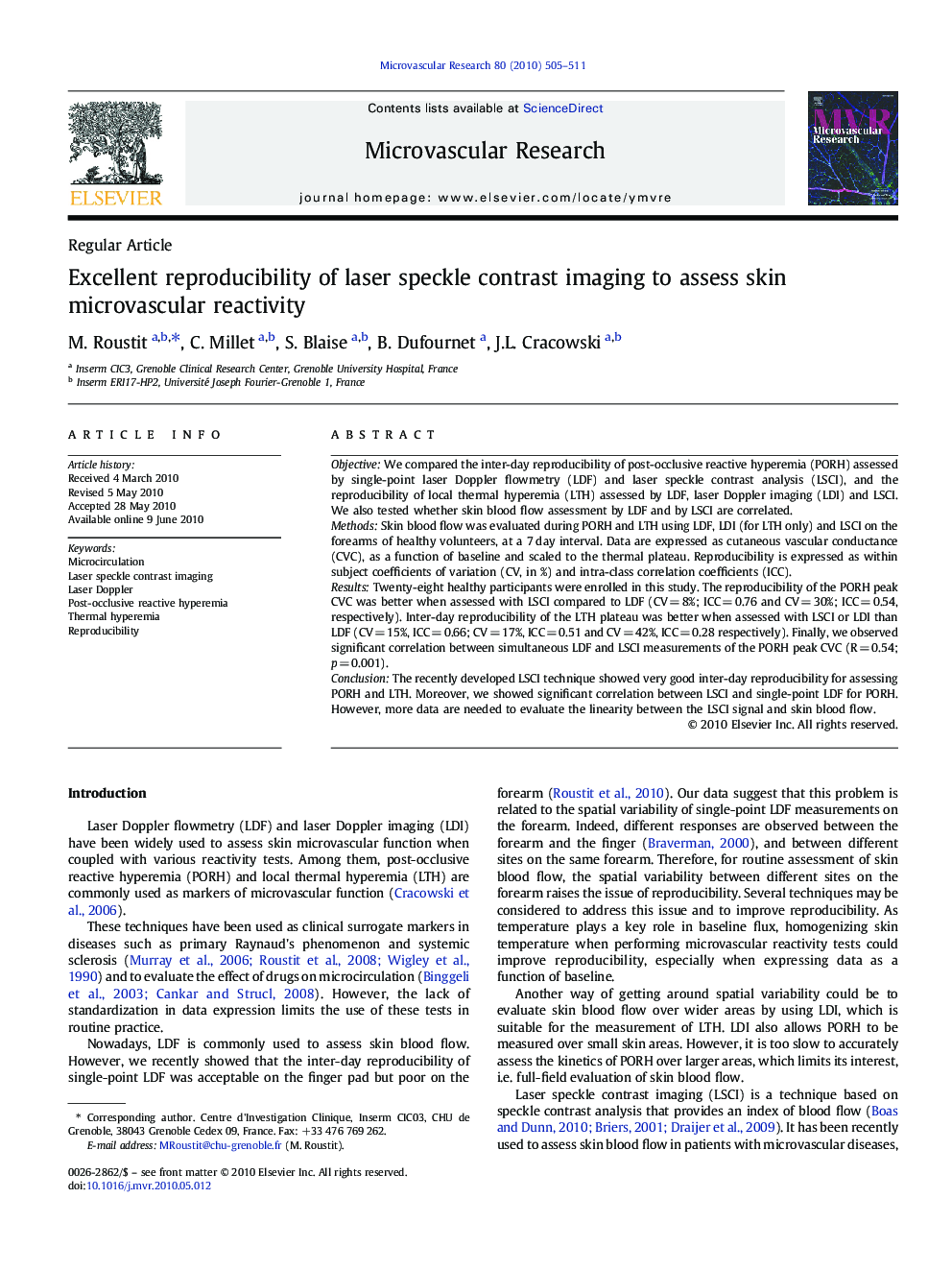 Excellent reproducibility of laser speckle contrast imaging to assess skin microvascular reactivity