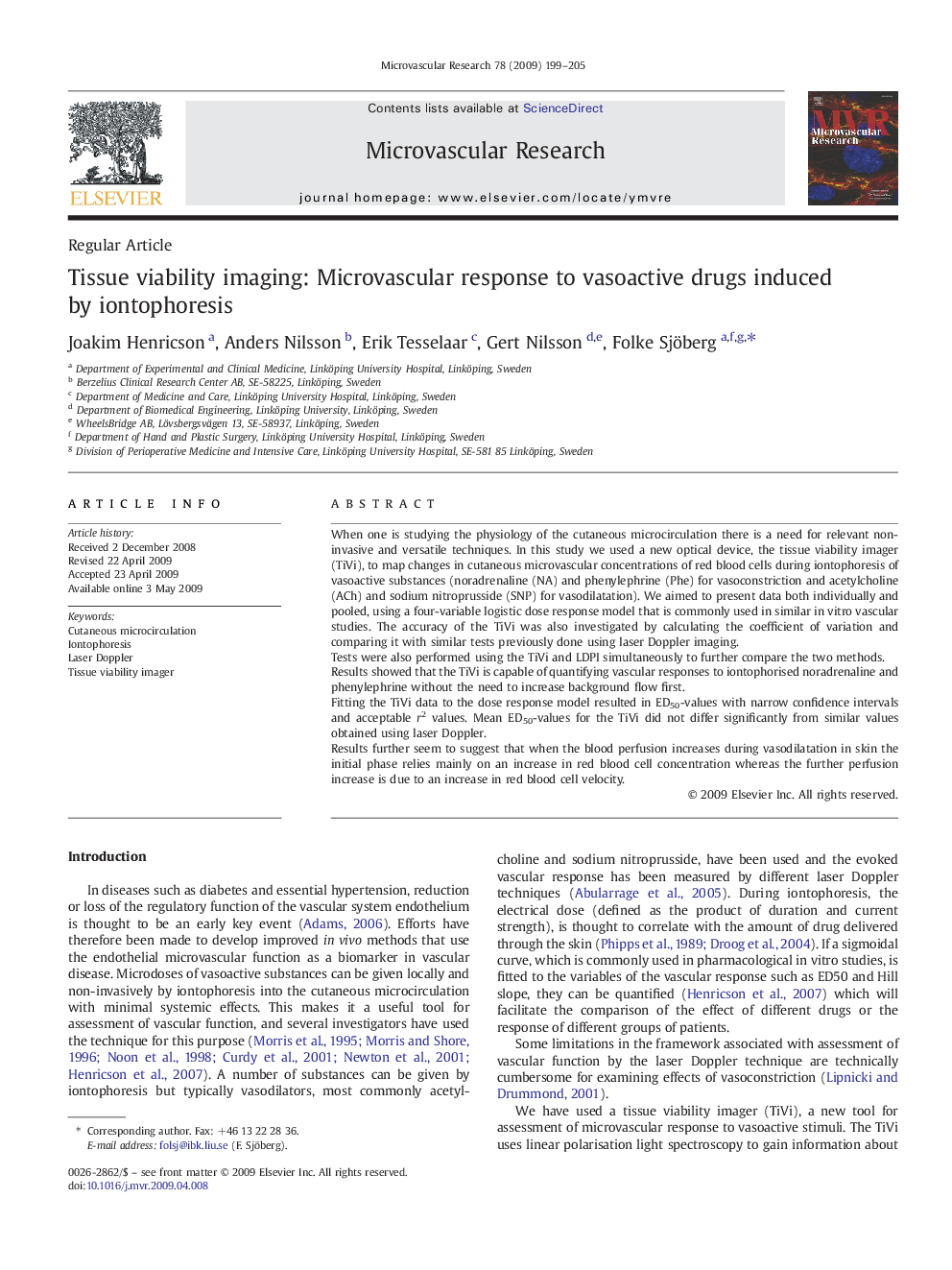 Tissue viability imaging: Microvascular response to vasoactive drugs induced by iontophoresis