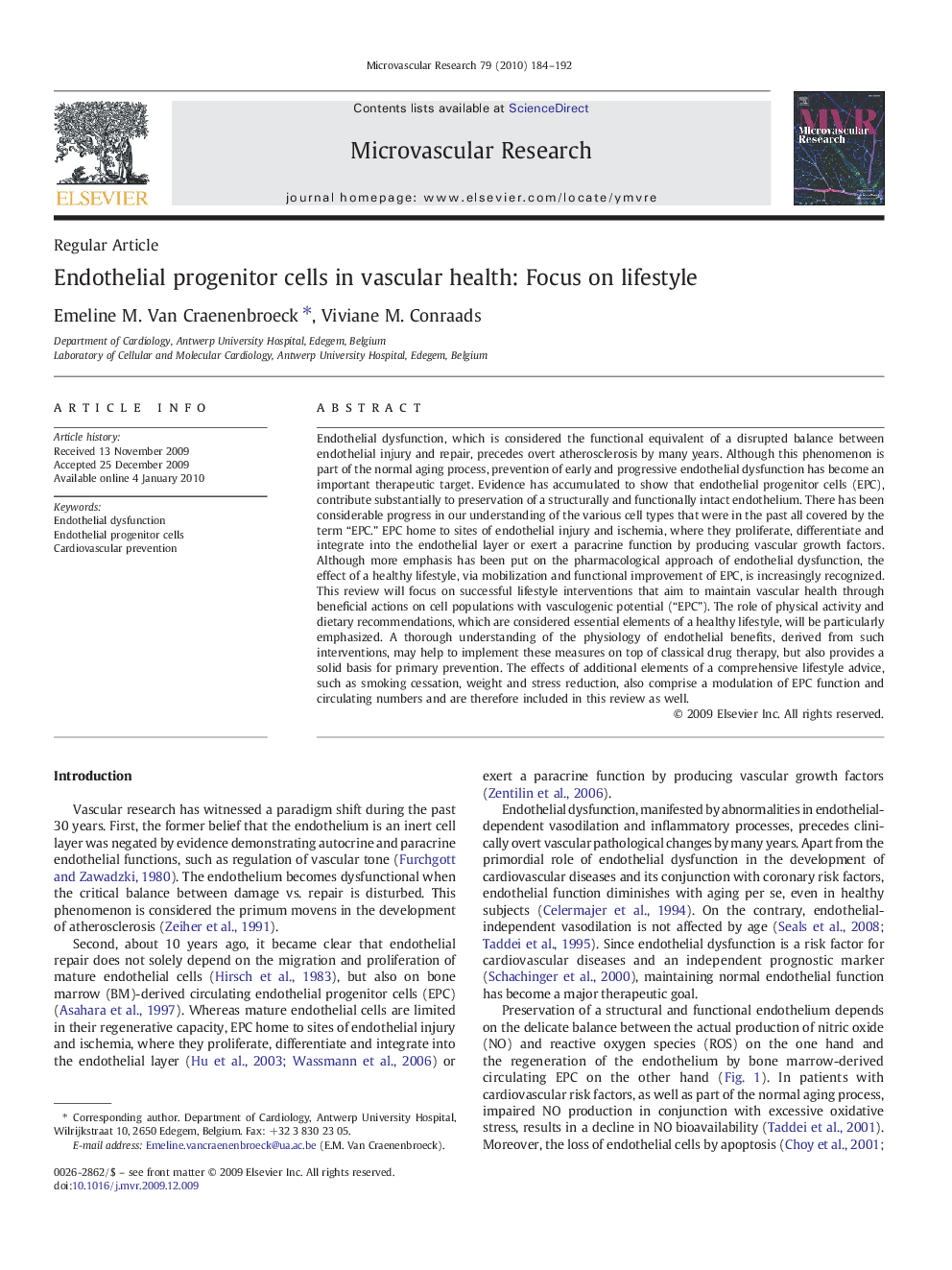 Endothelial progenitor cells in vascular health: Focus on lifestyle