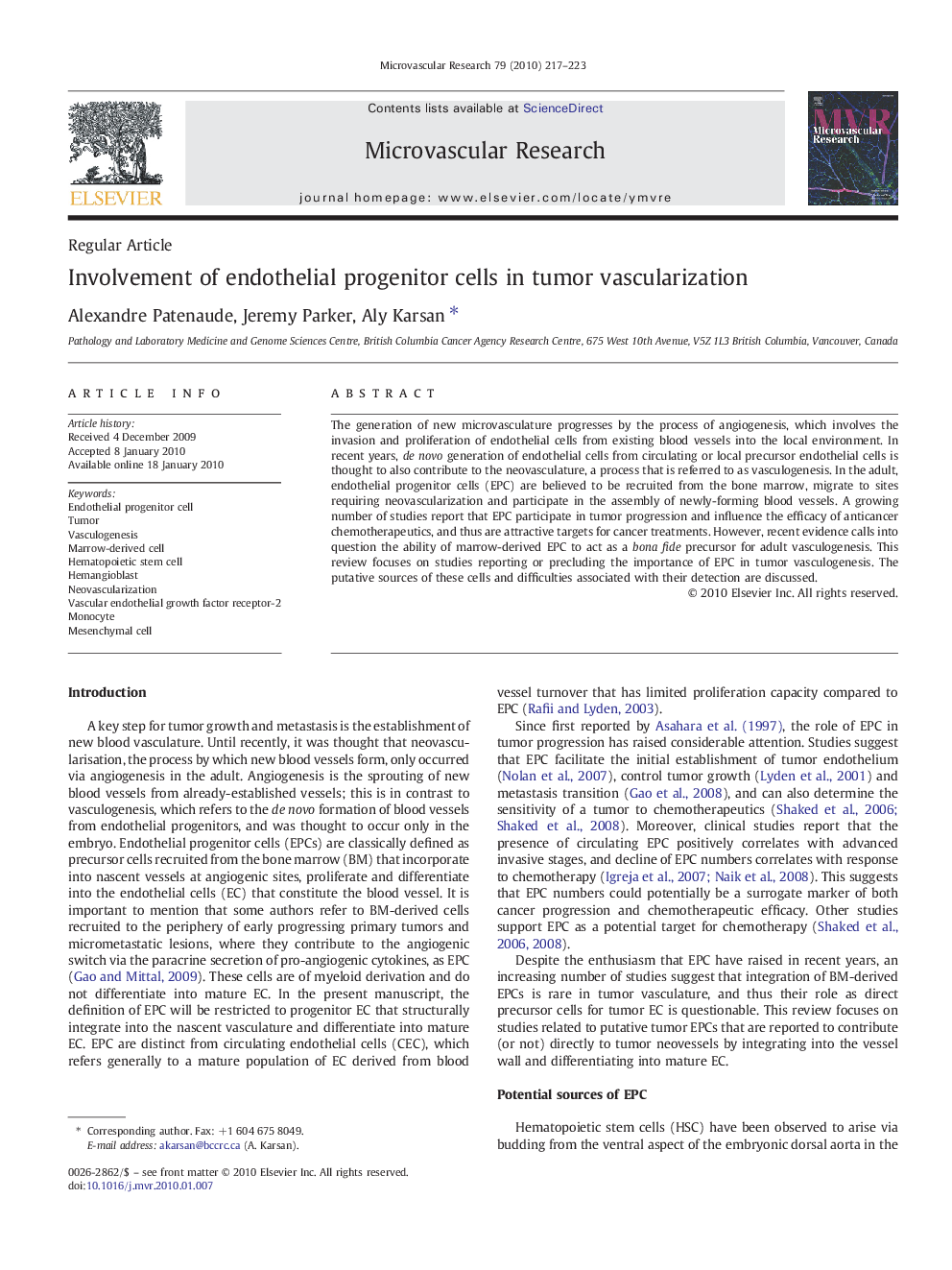 Involvement of endothelial progenitor cells in tumor vascularization