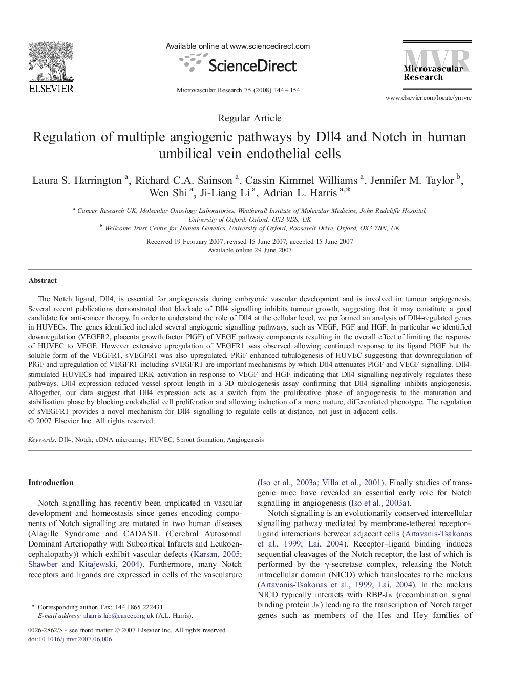 Regulation of multiple angiogenic pathways by Dll4 and Notch in human umbilical vein endothelial cells