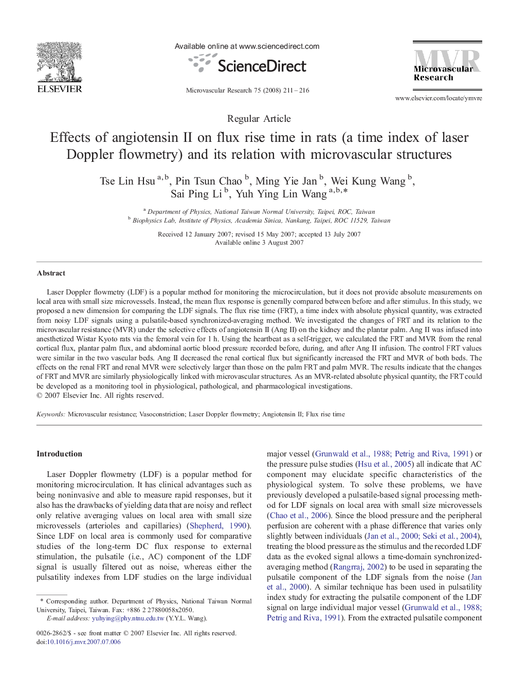 Effects of angiotensin II on flux rise time in rats (a time index of laser Doppler flowmetry) and its relation with microvascular structures