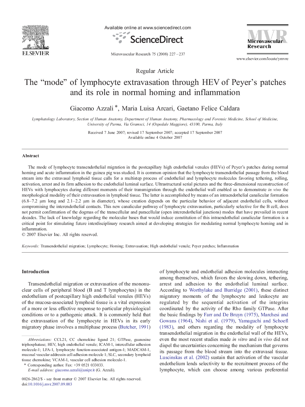 The “mode” of lymphocyte extravasation through HEV of Peyer's patches and its role in normal homing and inflammation