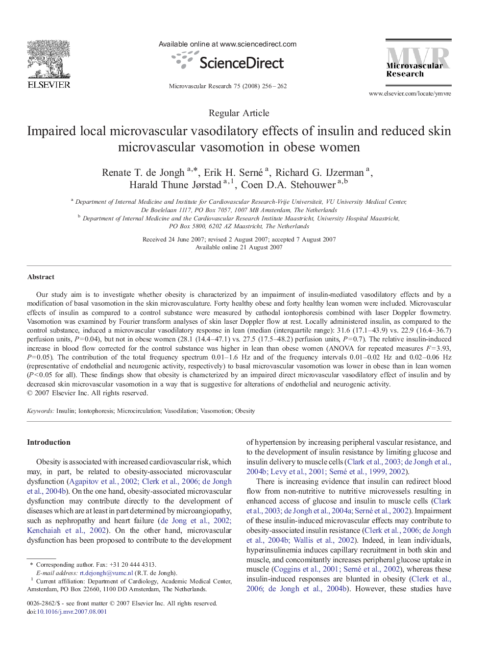 Impaired local microvascular vasodilatory effects of insulin and reduced skin microvascular vasomotion in obese women