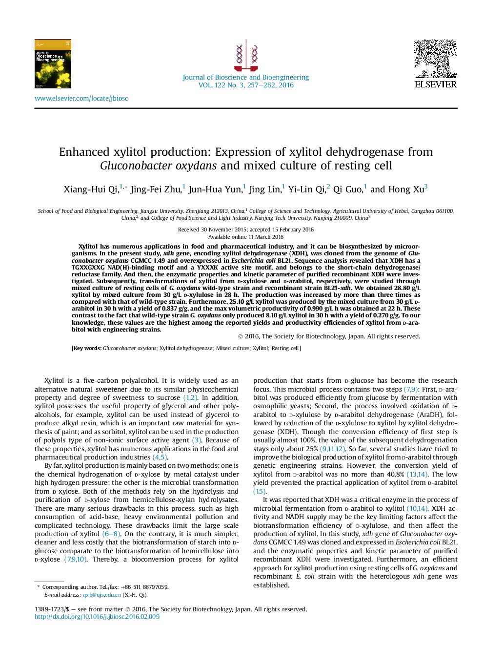 Enhanced xylitol production: Expression of xylitol dehydrogenase from Gluconobacter oxydans and mixed culture of resting cell