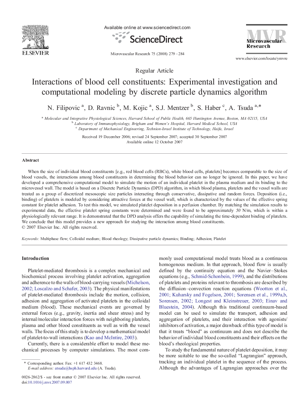 Interactions of blood cell constituents: Experimental investigation and computational modeling by discrete particle dynamics algorithm