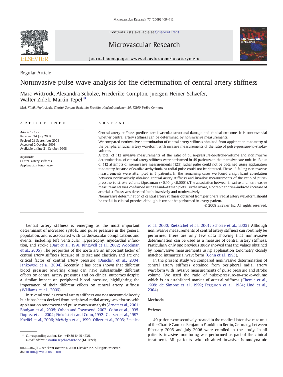 Noninvasive pulse wave analysis for the determination of central artery stiffness