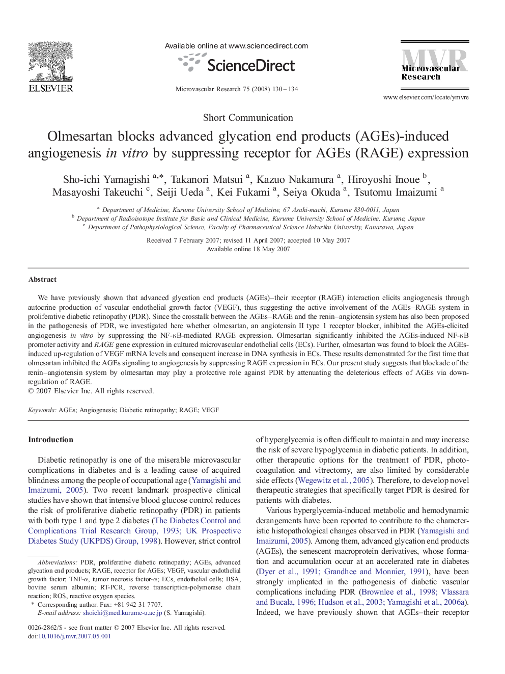 Olmesartan blocks advanced glycation end products (AGEs)-induced angiogenesis in vitro by suppressing receptor for AGEs (RAGE) expression