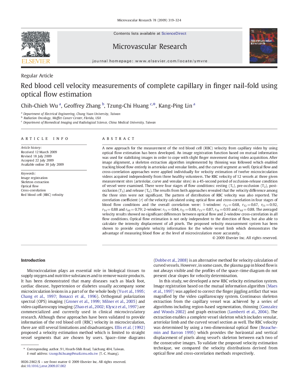 Red blood cell velocity measurements of complete capillary in finger nail-fold using optical flow estimation