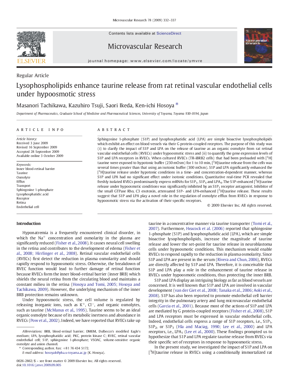 Lysophospholipids enhance taurine release from rat retinal vascular endothelial cells under hypoosmotic stress