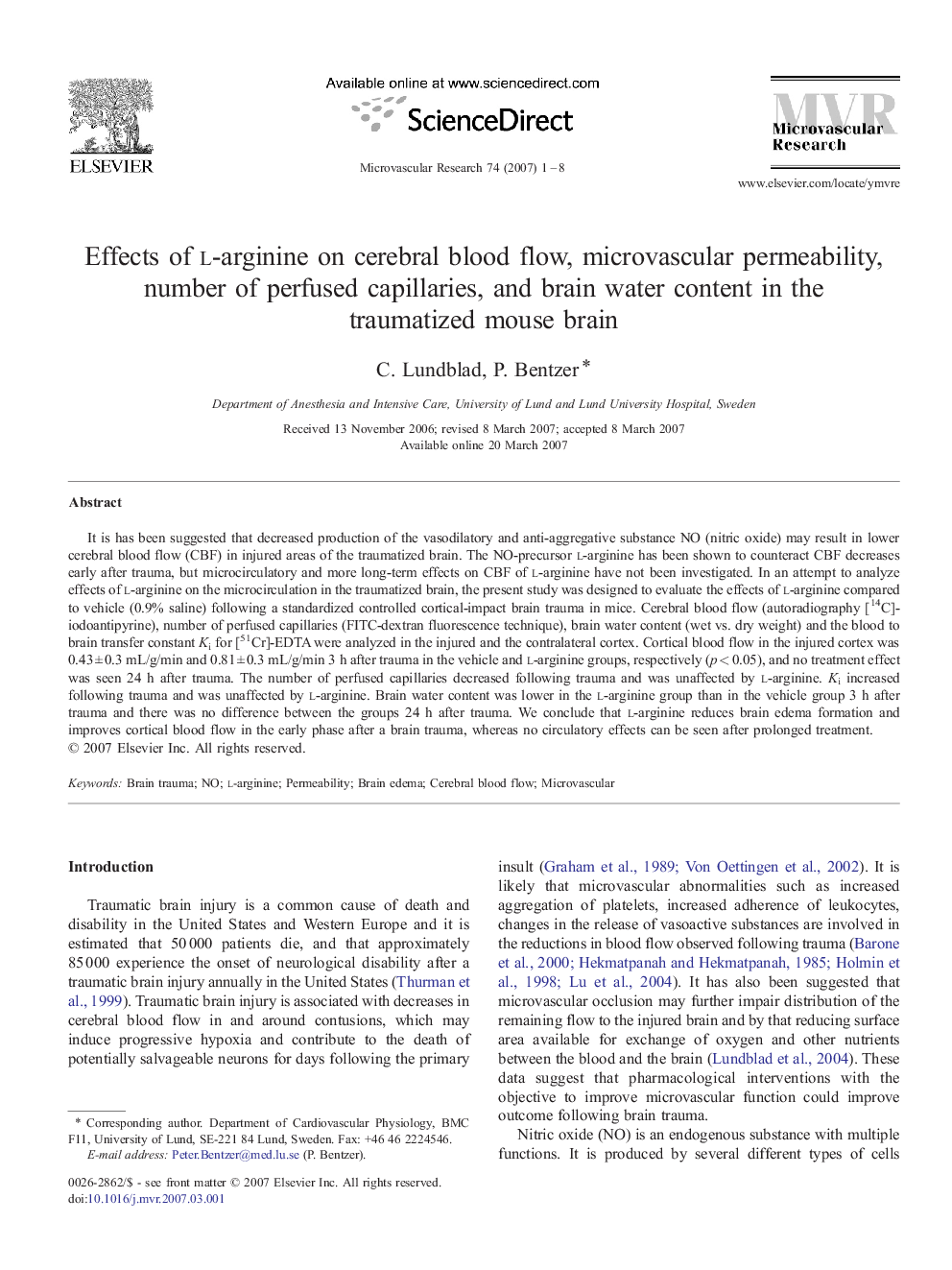 Effects of l-arginine on cerebral blood flow, microvascular permeability, number of perfused capillaries, and brain water content in the traumatized mouse brain