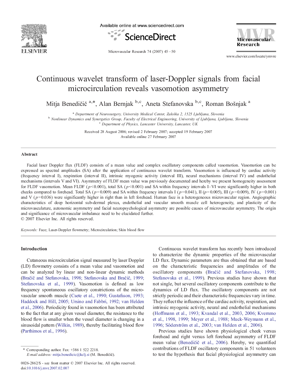 Continuous wavelet transform of laser-Doppler signals from facial microcirculation reveals vasomotion asymmetry