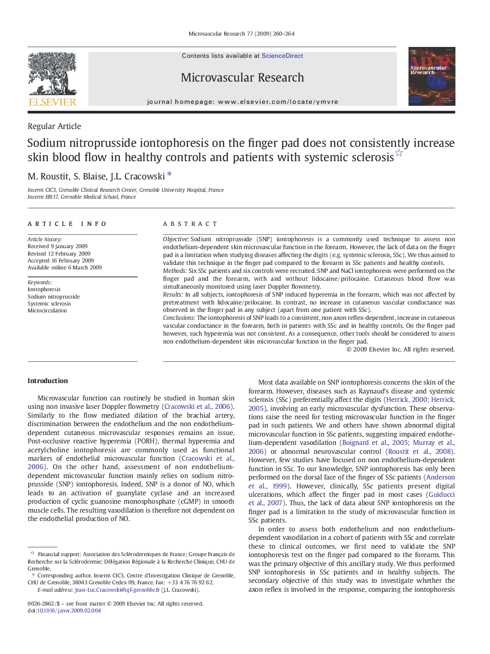 Sodium nitroprusside iontophoresis on the finger pad does not consistently increase skin blood flow in healthy controls and patients with systemic sclerosis