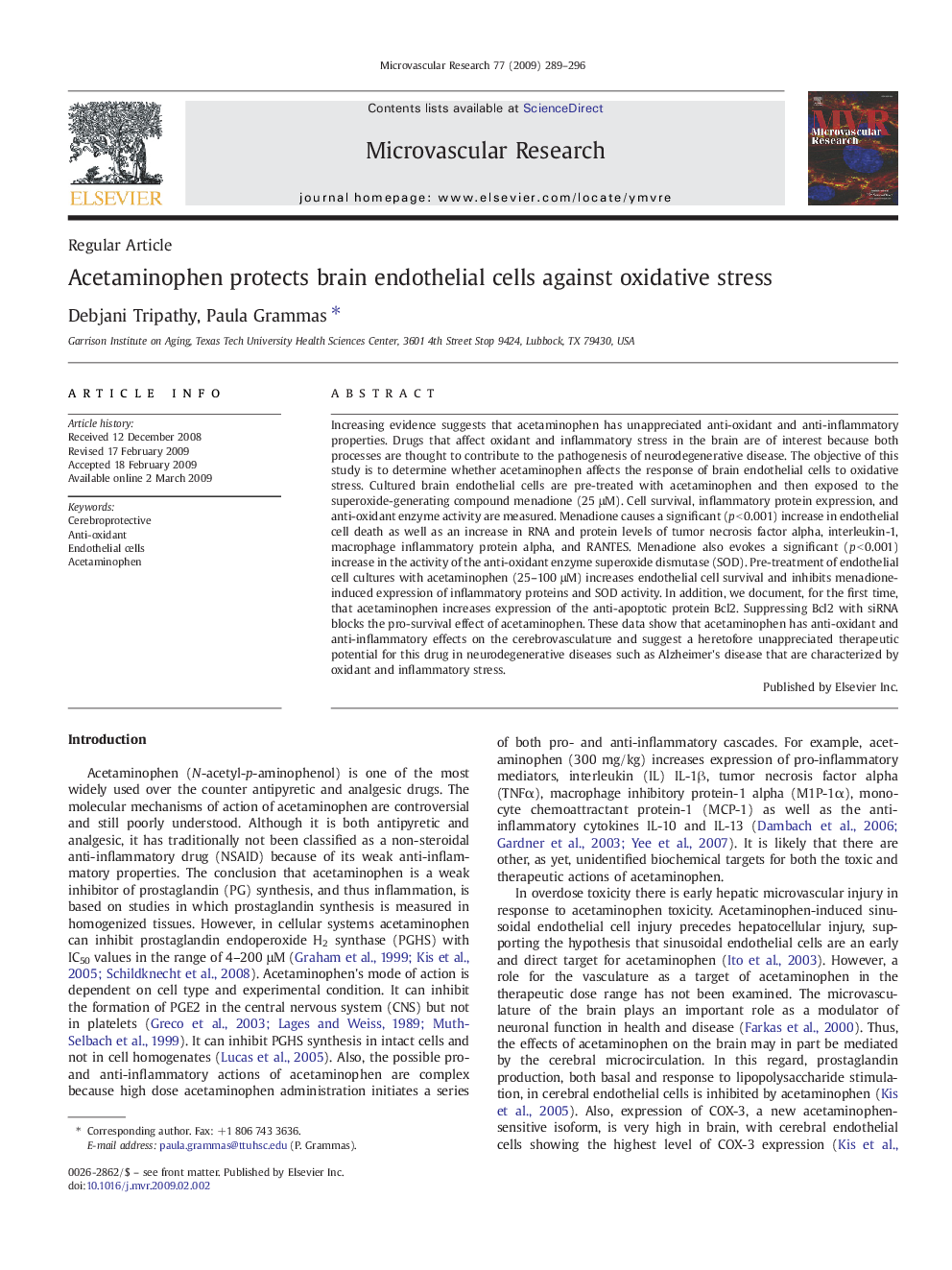 Acetaminophen protects brain endothelial cells against oxidative stress