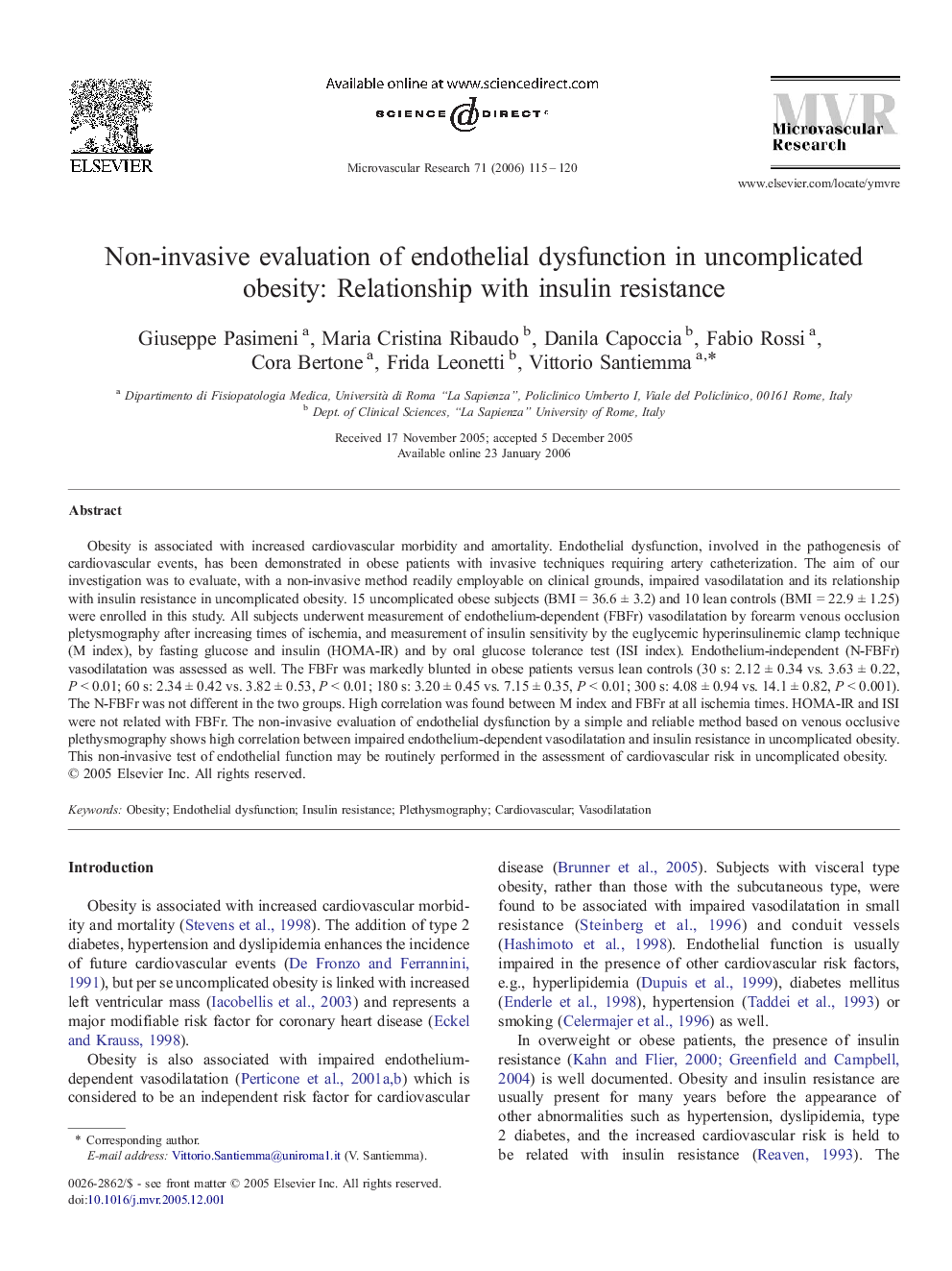 Non-invasive evaluation of endothelial dysfunction in uncomplicated obesity: Relationship with insulin resistance