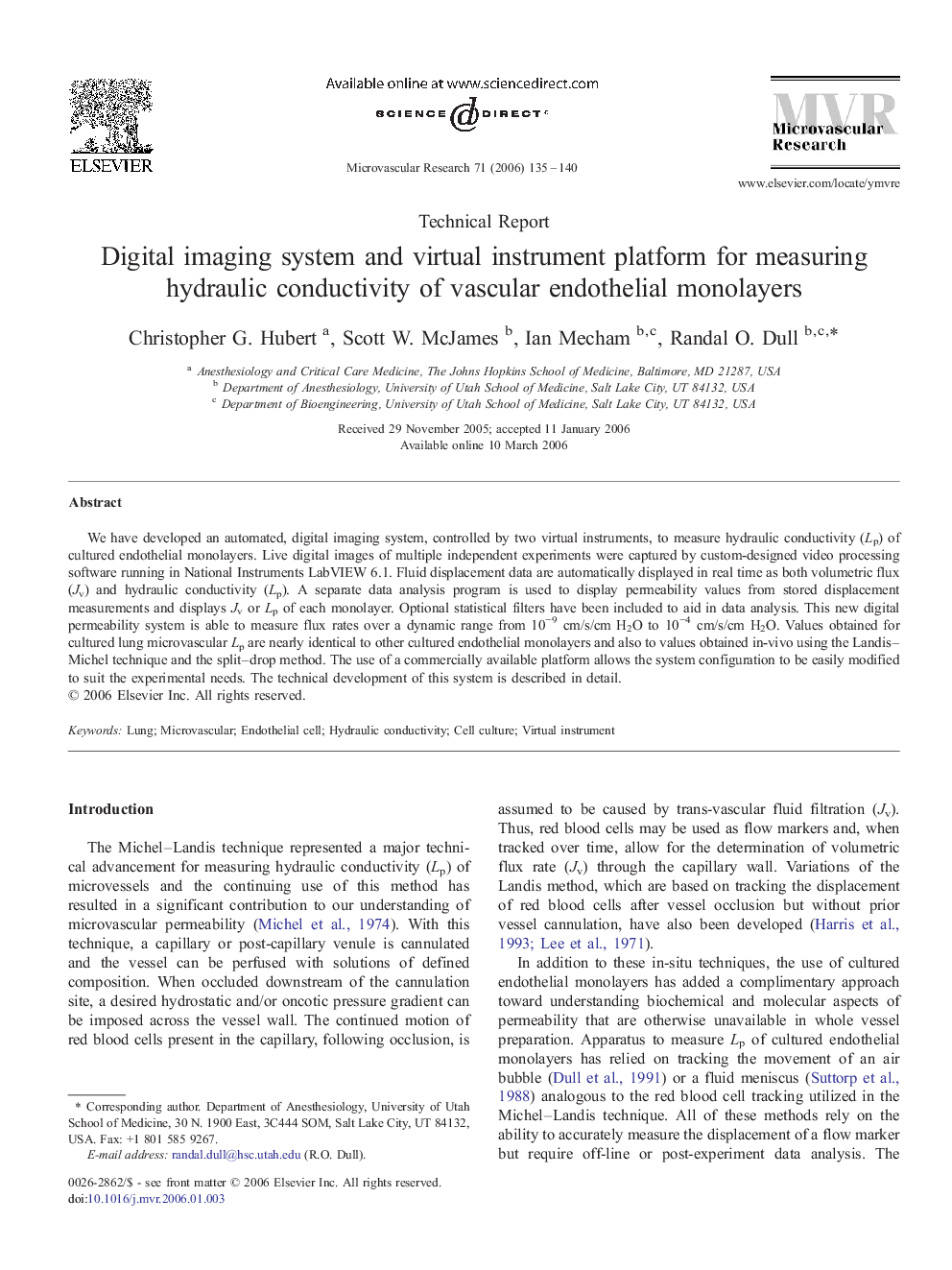 Digital imaging system and virtual instrument platform for measuring hydraulic conductivity of vascular endothelial monolayers