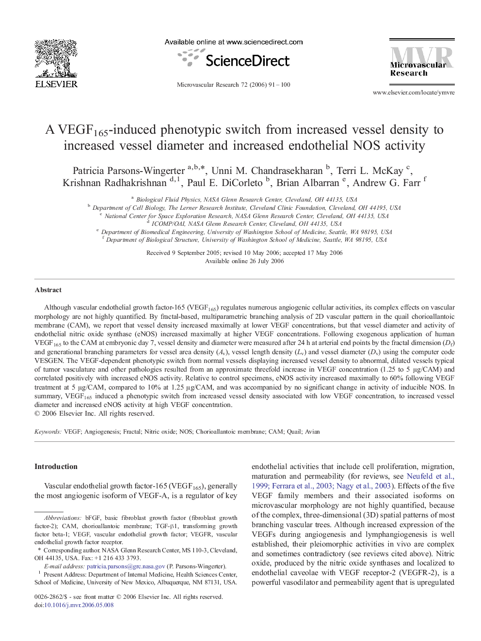 A VEGF165-induced phenotypic switch from increased vessel density to increased vessel diameter and increased endothelial NOS activity