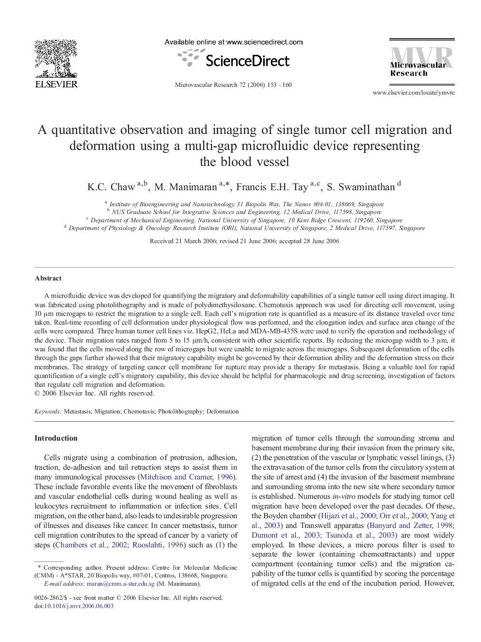 A quantitative observation and imaging of single tumor cell migration and deformation using a multi-gap microfluidic device representing the blood vessel