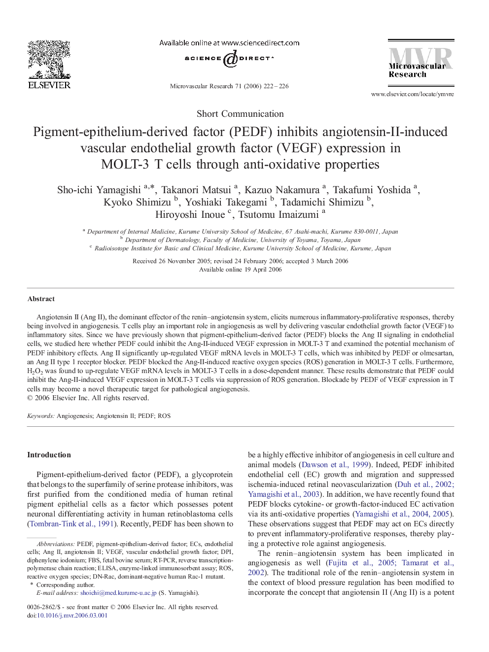 Pigment-epithelium-derived factor (PEDF) inhibits angiotensin-II-induced vascular endothelial growth factor (VEGF) expression in MOLT-3 T cells through anti-oxidative properties