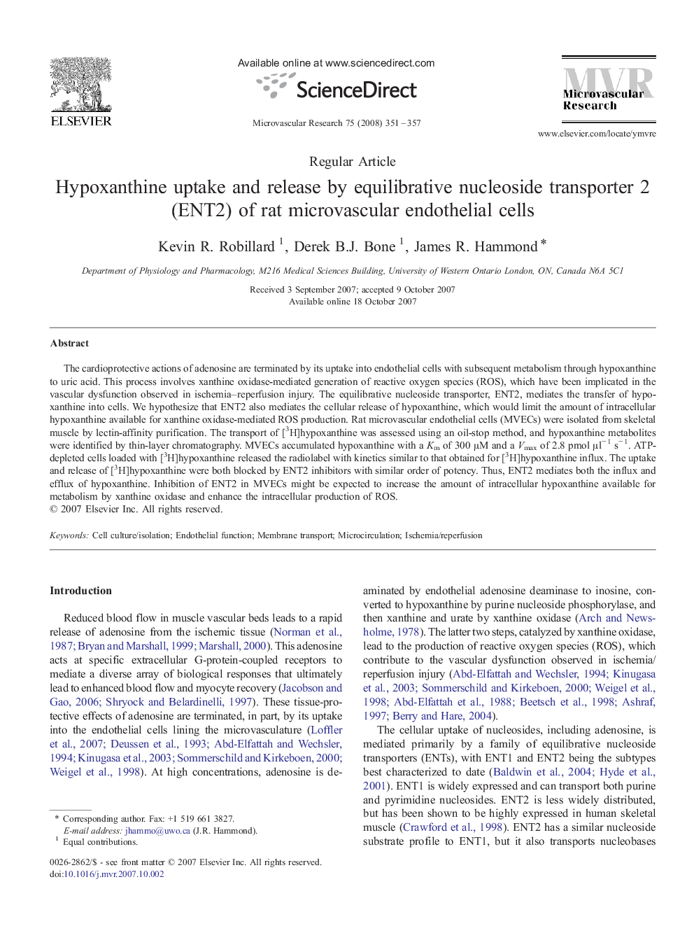 Hypoxanthine uptake and release by equilibrative nucleoside transporter 2 (ENT2) of rat microvascular endothelial cells