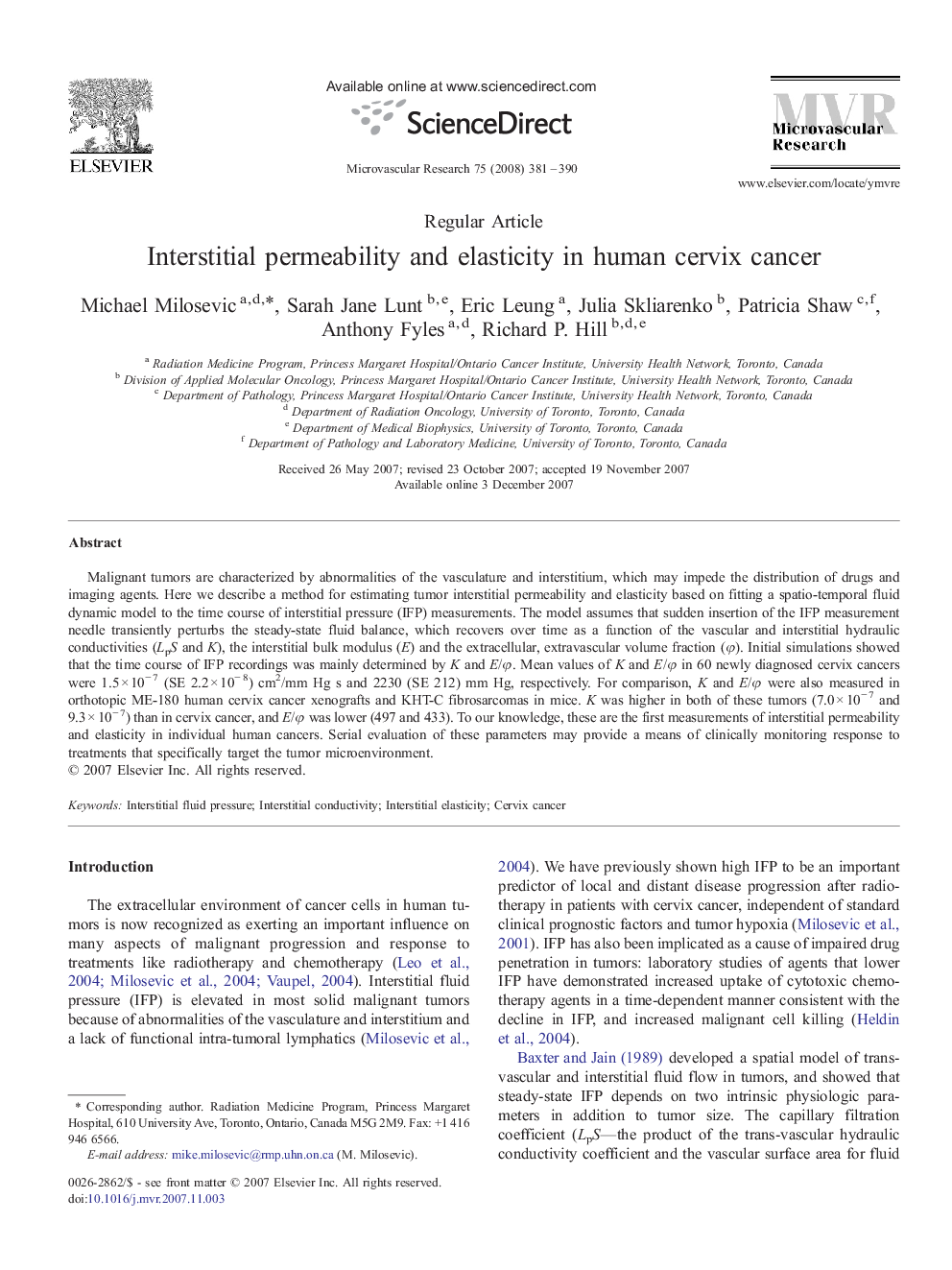 Interstitial permeability and elasticity in human cervix cancer