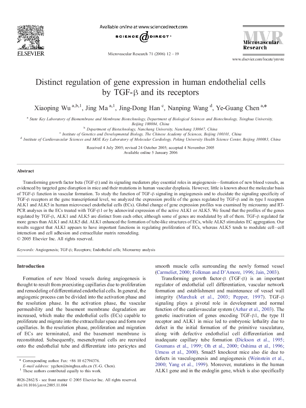 Distinct regulation of gene expression in human endothelial cells by TGF-β and its receptors