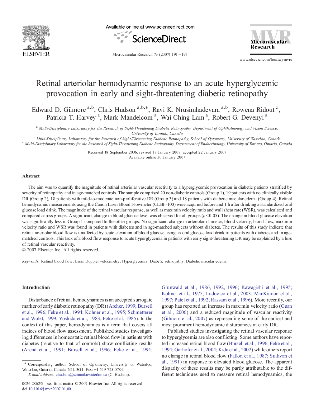 Retinal arteriolar hemodynamic response to an acute hyperglycemic provocation in early and sight-threatening diabetic retinopathy