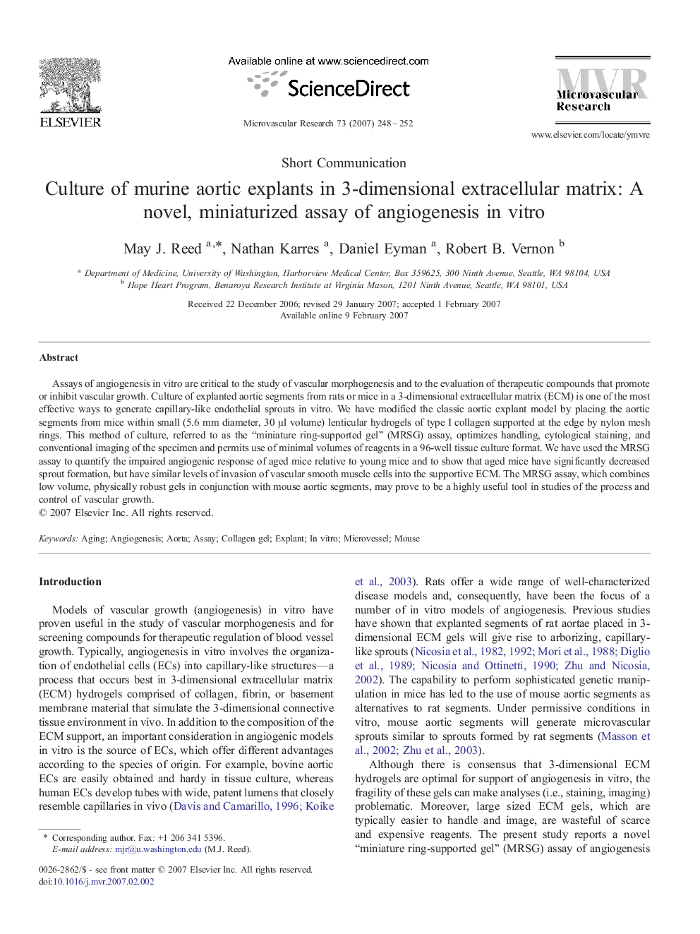 Culture of murine aortic explants in 3-dimensional extracellular matrix: A novel, miniaturized assay of angiogenesis in vitro