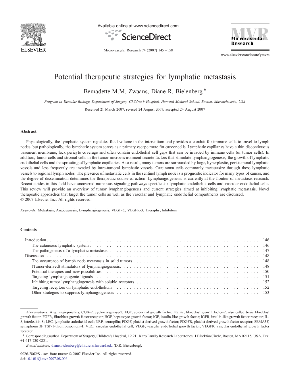 Potential therapeutic strategies for lymphatic metastasis