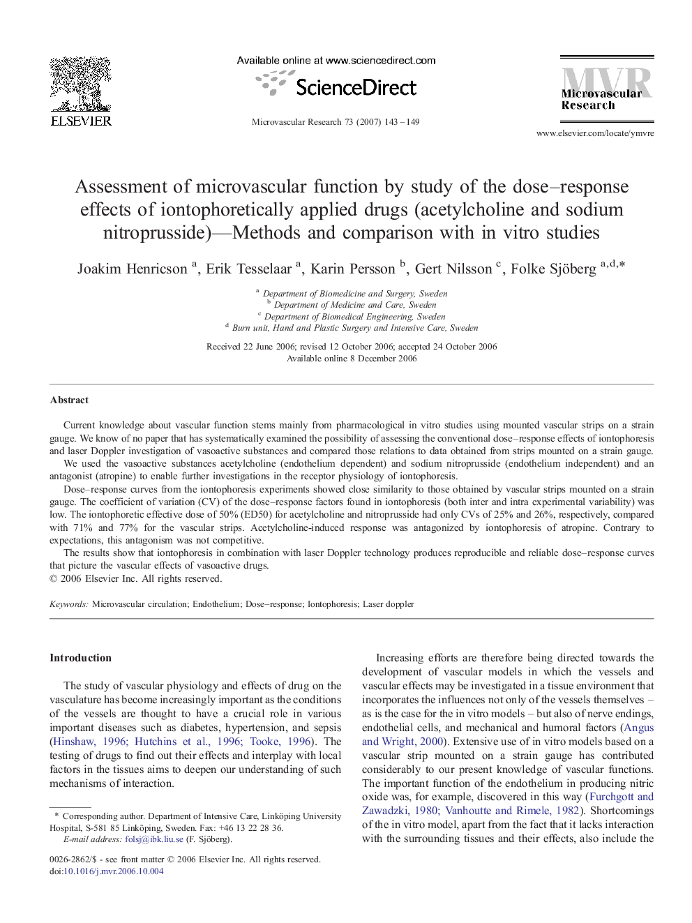 Assessment of microvascular function by study of the dose–response effects of iontophoretically applied drugs (acetylcholine and sodium nitroprusside)—Methods and comparison with in vitro studies