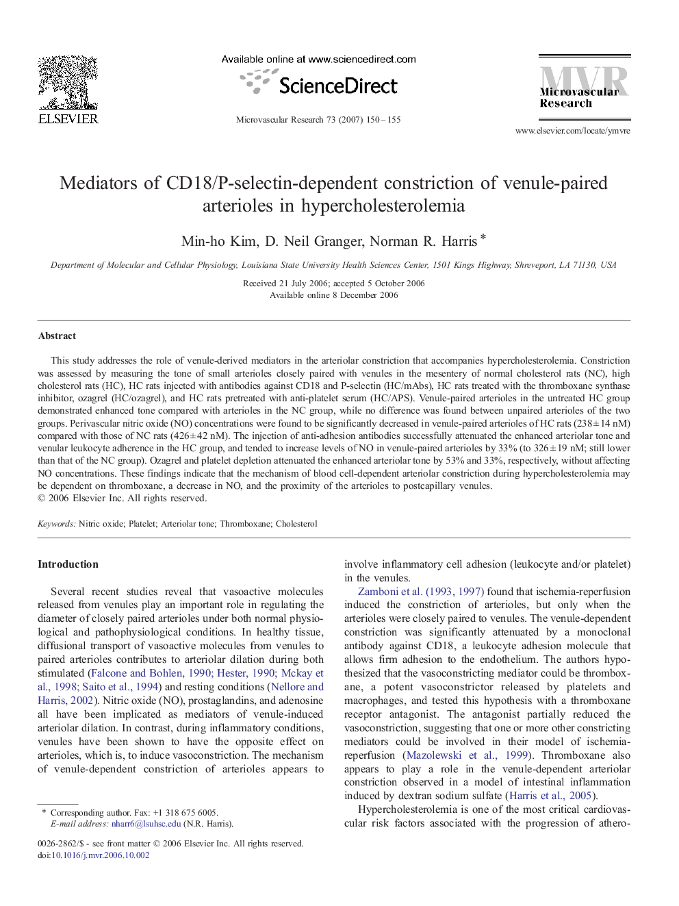 Mediators of CD18/P-selectin-dependent constriction of venule-paired arterioles in hypercholesterolemia