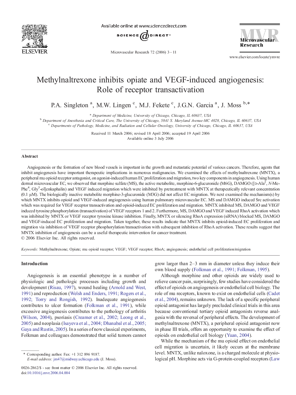 Methylnaltrexone inhibits opiate and VEGF-induced angiogenesis: Role of receptor transactivation