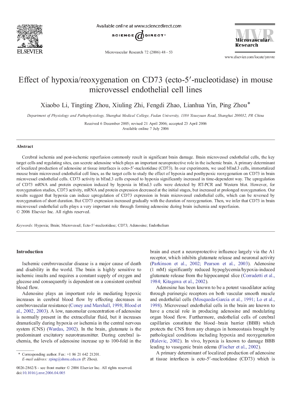 Effect of hypoxia/reoxygenation on CD73 (ecto-5′-nucleotidase) in mouse microvessel endothelial cell lines