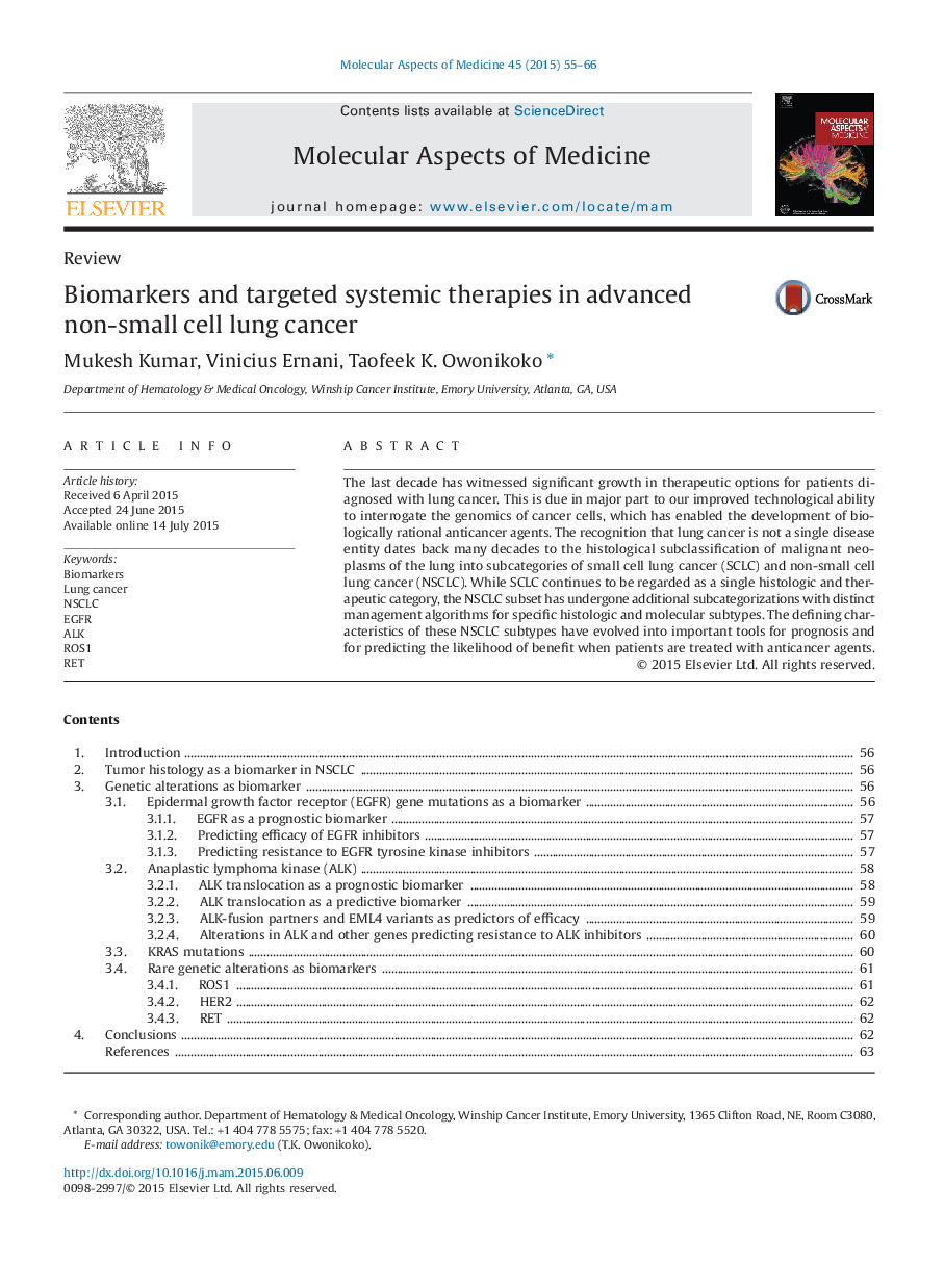 Biomarkers and targeted systemic therapies in advanced non-small cell lung cancer