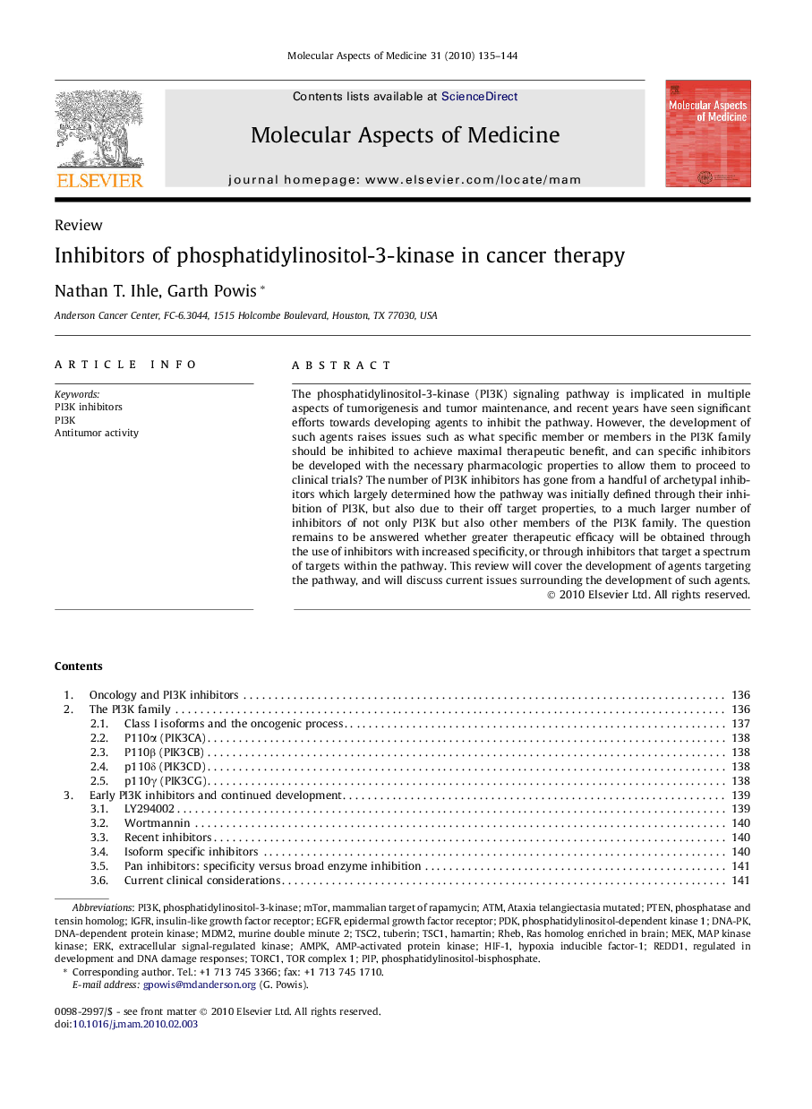 Inhibitors of phosphatidylinositol-3-kinase in cancer therapy