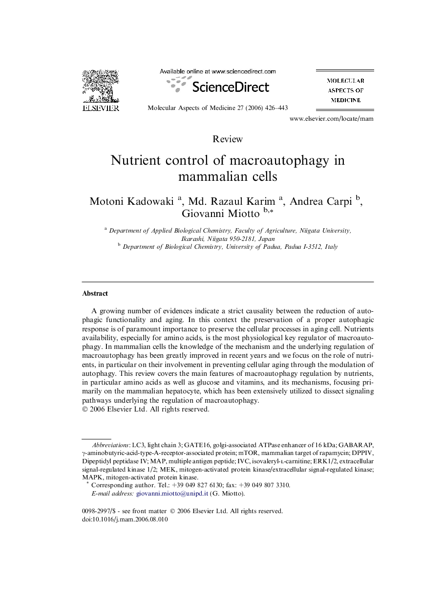 Nutrient control of macroautophagy in mammalian cells