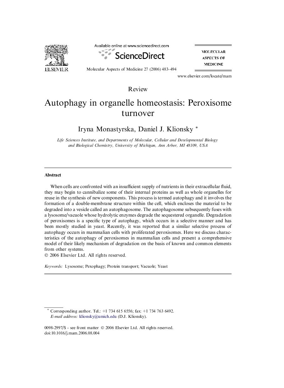 Autophagy in organelle homeostasis: Peroxisome turnover