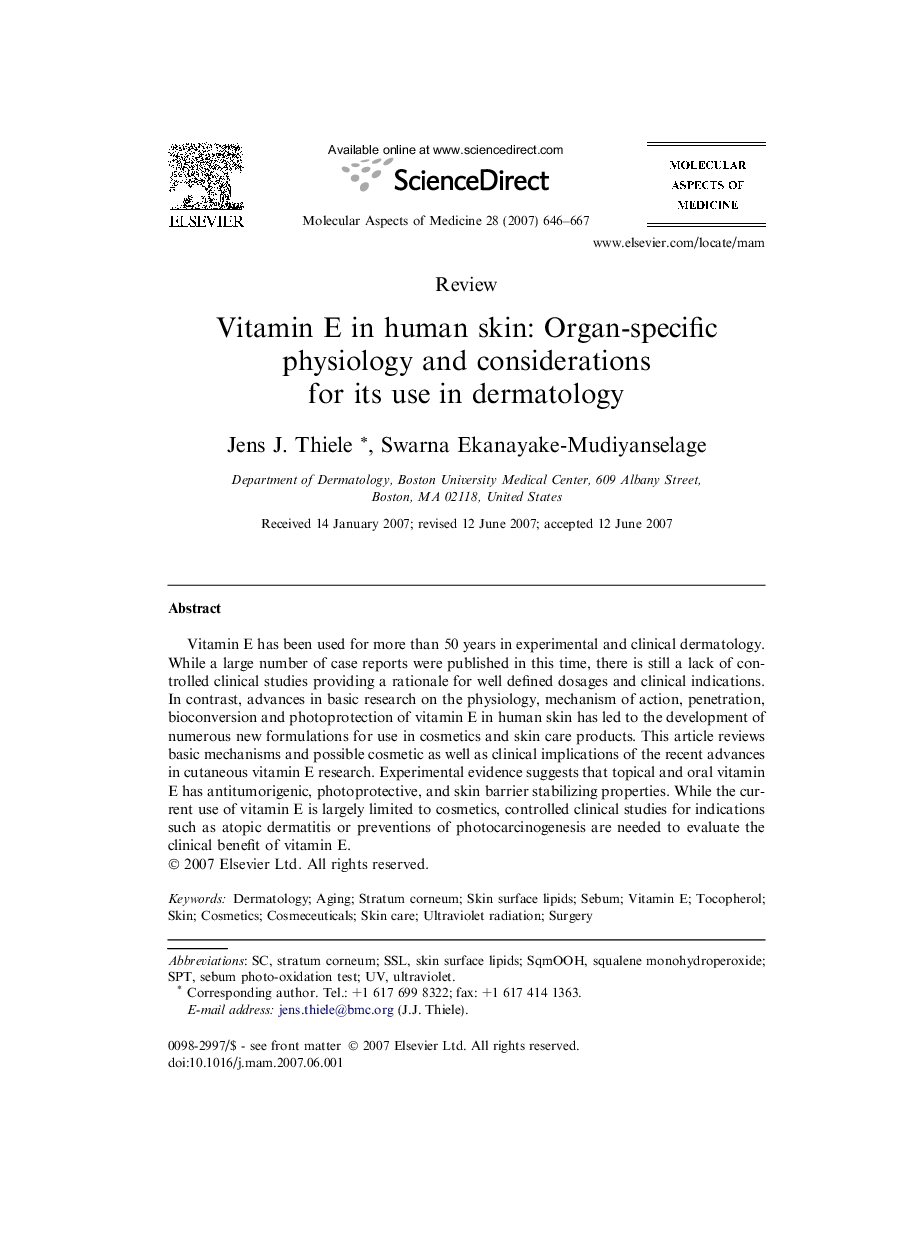 Vitamin E in human skin: Organ-specific physiology and considerations for its use in dermatology